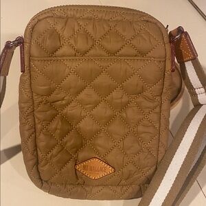 MZ Wallace Quilted Crossbody in Camel Brown with Striped Strap